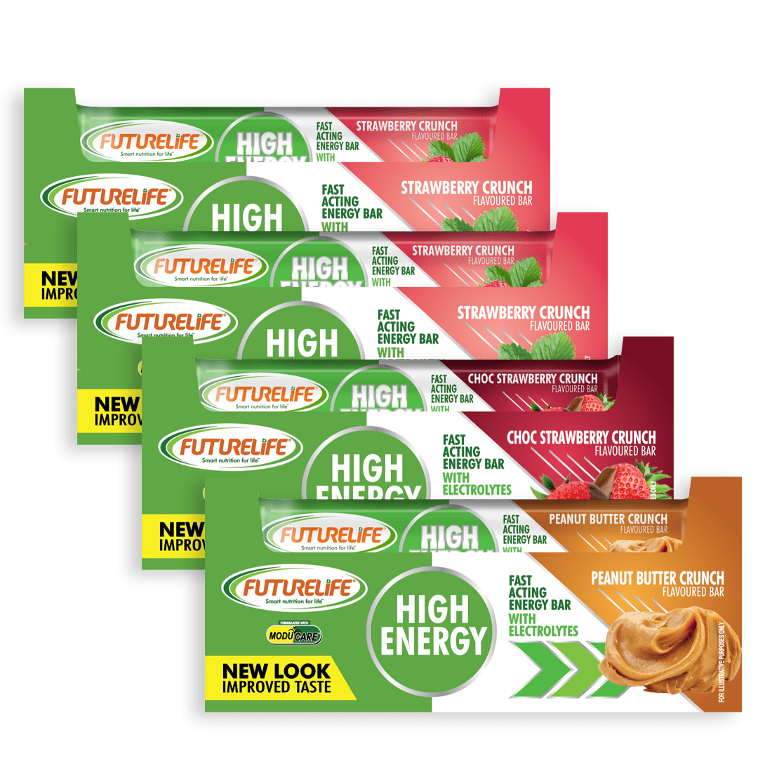 FUTURELIFE® High Energy Bar Variety Bundle (4 Cases, 80 Units: 2 Strawberry Crunch, 1 Choc Strawberry, 1 Peanut Butter Crunch)